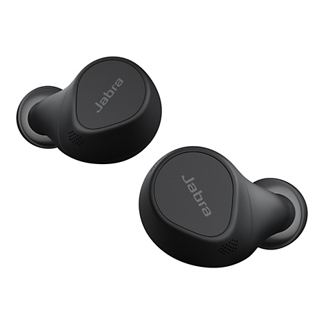 Zwei schwarze Jabra True Wireless Kopfhörer. Beide zeigen das Jabra-Logo.
