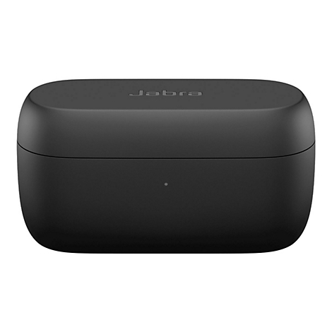 Schwarze Ladehülle für Jabra-Kopfhörer mit Jabra-Schriftzug.