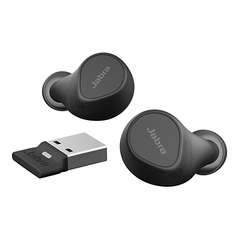 Drahtlose schwarze Jabra-Ohrhörer und ein USB-Adapter mit Jabra-Logo. Detailansicht der Ohrhörer und des Adapters.