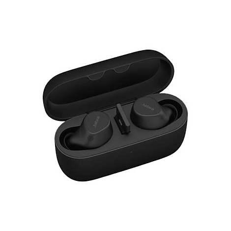 Schwarze Ohrhörer im Ladecase. Beide mit Jabra-Logo, Case offen.