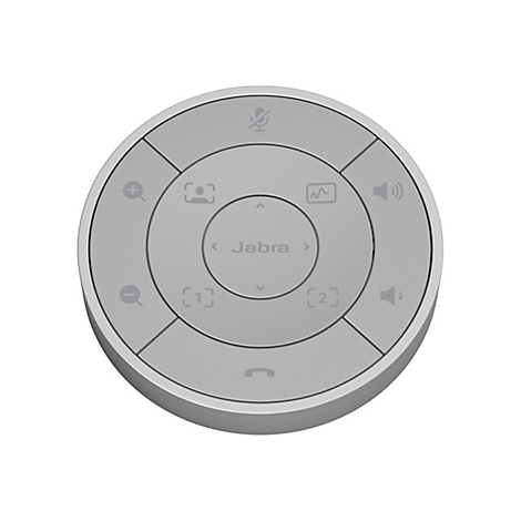 Grauer, runder Controller mit Tasten und Jabra-Logo. Symbole für Mikrofon, Lautstärke und Anruf.