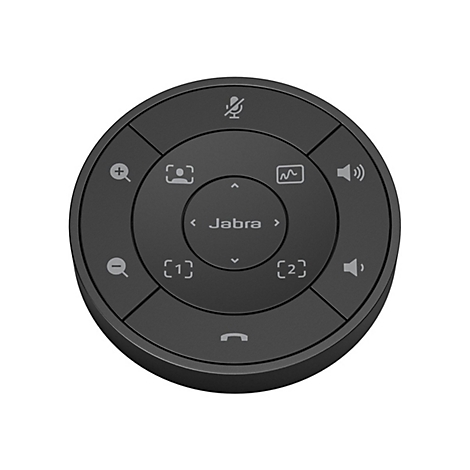 Contrôleur Jabra rond et noir avec des commandes telles que le volume, le mode silencieux, la prise d'appel. Texte Jabra.