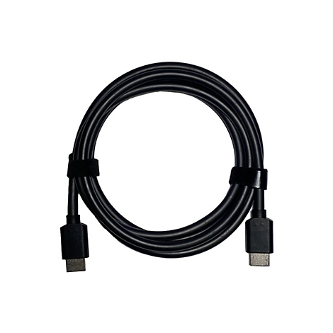 Ein schwarzes USB-C-Kabel, das zu einer Schleife geformt und mit Klettbändern fixiert wurde. Es liegt vor weißem Hintergrund.