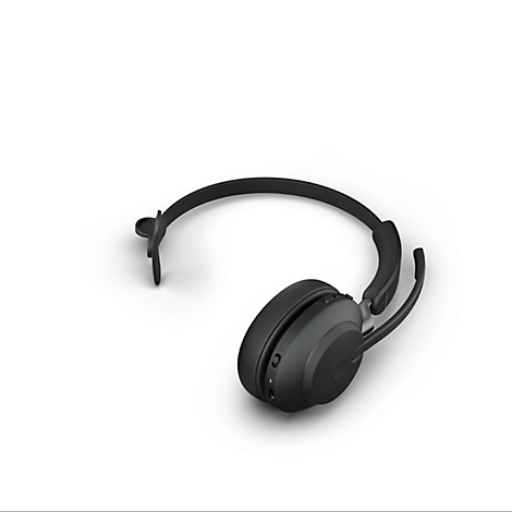 Schwarzes Headset auf weißem Hintergrund. Das Headset hat einen Bügel, einen Kopfhörer und ein Mikrofon.