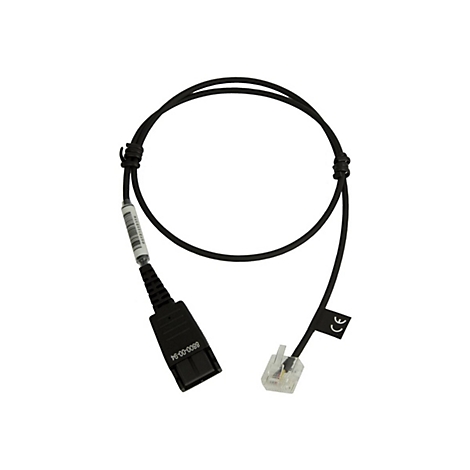 Schwarzes Kabel mit zwei Steckern, der eine rechteckig, der andere transparent und eckig mit CE-Zeichen.