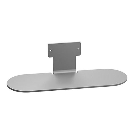 Silberne Wandhalterung für Bildschirme, aus Metall, mit ovaler Ablagefläche.