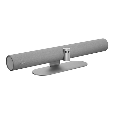 Graue Soundbar auf silbernem Standfuß, Jabra-Logo. Oben eine graue, stoffbezogene Klangbar.