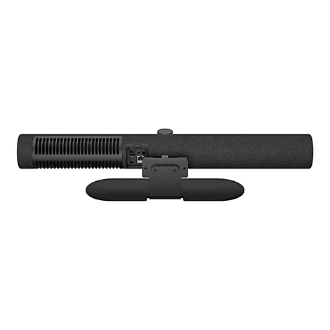 Schwarzes Videokonferenzsystem mit Halterung, Details wie Lüfter, Anschlüsse erkennbar.