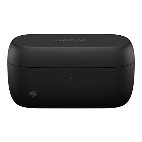 Schwarze Ladebox mit Jabra-Logo. Auf der Box ist ein kleines Symbol abgebildet.