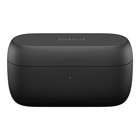Schwarzes Jabra-Ladecase. Deckel mit Firmenlogo, darunter die Box mit kleiner LED-Leuchte.
