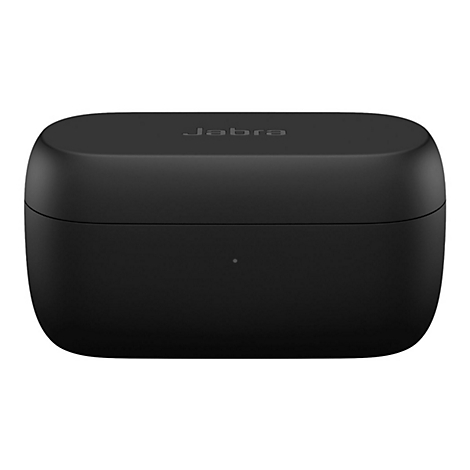 Schwarze Ladebox mit dem Logo "Jabra". Die Box ist rechteckig mit abgerundeten Ecken und einem kleinen Punkt.