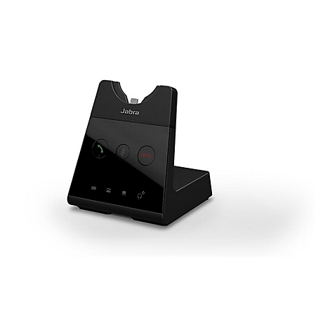 Schwarze Jabra-Basisstation mit drei Tasten und Logo auf weißem Hintergrund.