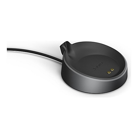 Schwarze Jabra Ladestation für kabellose Kopfhörer, mit Kabel, auf weißem Hintergrund.