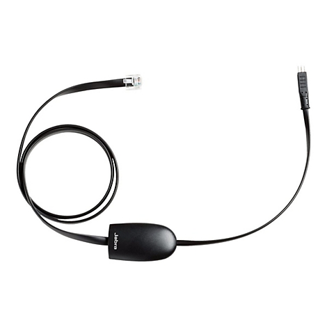 Ein schwarzes Jabra-Headset-Kabel auf weißem Hintergrund.