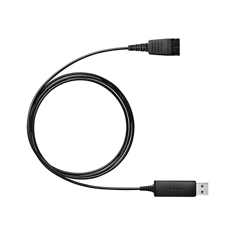 Schwarzes USB-Kabel mit Anschluss und USB-A-Stecker. Auf dem USB-Stecker steht "Jabra".