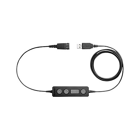 Schwarzes Jabra-USB-Kabel mit Steuerung. Ein Stecker, ein USB-Anschluss und ein Steuerungsteil mit Tasten.