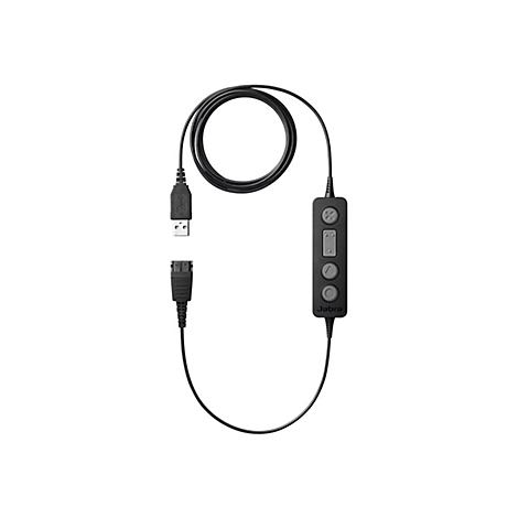 Schwarzes Jabra-Headset-Kabel mit USB-Anschluss und Bedienelementen, das auf weißem Hintergrund liegt.