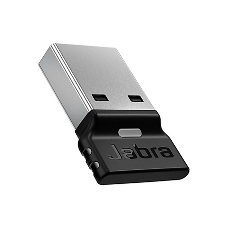Ein schwarzer Jabra-USB-Dongle, teils silberfarben. Der Schriftzug "Jabra" ist aufgedruckt.