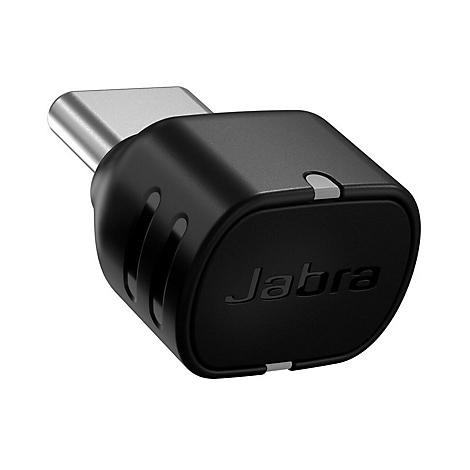 Adaptateur Jabra USB-C noir. Un connecteur argenté entre dans un adaptateur noir sur lequel est inscrit 'Jabra'.
