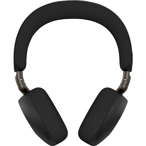 Casque noir avec un bandeau rembourré, des écouteurs rectangulaires et des joints marron.