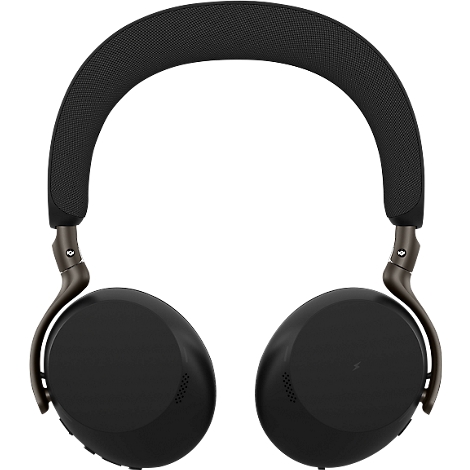 Casque sombre avec coussinets et bandeau rembourrés. Les oreillettes sont rondes, le bandeau est rembourré noir.