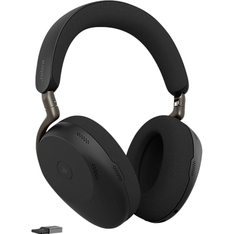 Casque supra-auriculaire noir avec logo Jabra. Bandeau rembourré au-dessus du casque. Comprend un dongle USB.