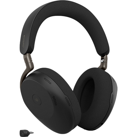 Casque noir avec coussinets d'oreille rembourrés et serre-tête réglable.