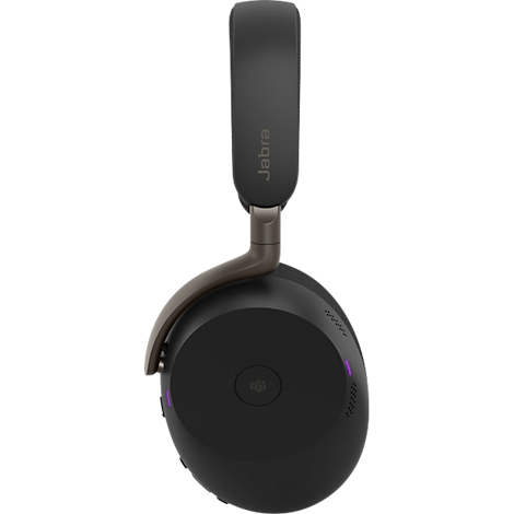 Casque supra-auriculaire noir avec logo Jabra, accents gris et lumières violettes.