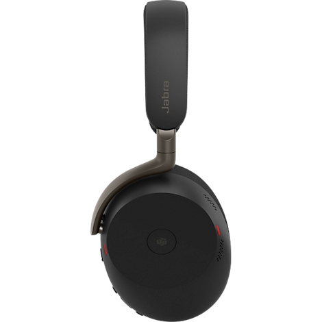 Gros plan sur un casque Jabra noir. L'arceau et l'écouteur sont visibles. Le logo Jabra est sur l'arceau.