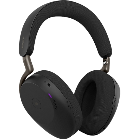 Casque noir avec coussinets et bandeau rembourrés. Une lumière violette brille sur l'écouteur gauche.