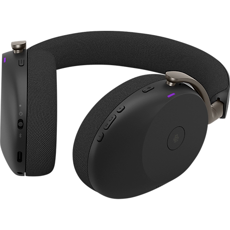 Casque supra-auriculaire noir avec détails argentés. Boutons et logo sur les oreillettes.