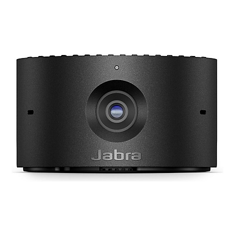 Schwarze Jabra-Webcam mit rundem Design und Objektiv. Logo darunter. Oberseite mit kleinen Löchern.