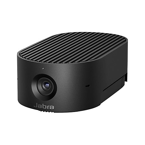 Schwarze, ovale Jabra-Kamera mit Linsenoptik. Aufschrift: Jabra. Oben gerillt.