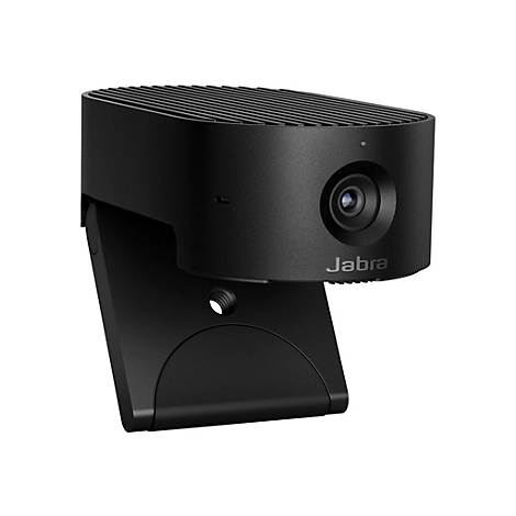 Schwarze Jabra-Webcam mit Linsen, Logo und Halterung.