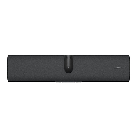 Dunkelgraue Soundbar mit Kamera, das Jabra Logo ist erkennbar.