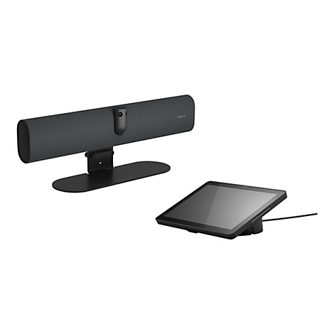 Schwarzgraues Videokonferenzsystem mit Tablet. Aufschrift Jabra. 