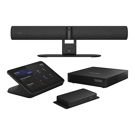 Videokonferenzsystem mit Lautsprecher, Tablet und Lenovo-Geräten.