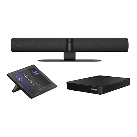Drei Geräte für Videokonferenzen: eine schwarze Soundbar mit "Jabra"-Logo, ein schwarzes Tablet-Display und eine schwarze "ThinkSmart"-Box.