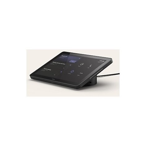 Schwarzes Tablet auf Ladestation. Auf dem Bildschirm sind Menüpunkte und Icons zu sehen. Ein Kabel führt nach hinten.