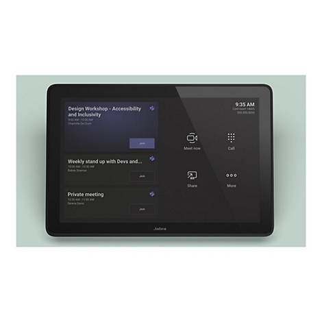 Schwarzes Tablet mit Touchscreen. Darauf sind Optionen für Videokonferenzen und eine Terminübersicht zu sehen. Der Bildschirm zeigt mehrere Optionen für Anrufe.