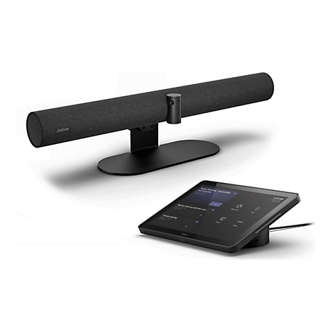 Ein schwarzes Jabra-Videokonferenzsystem mit Soundbar und Touch-Display. Auf dem Display ist ein Menü mit Optionen für Besprechungen zu sehen.