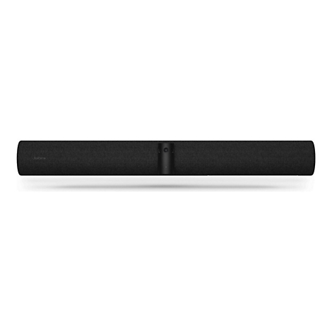Schwarze Soundbar mit Kamera, Jabra Logo, vor weißem Hintergrund.
