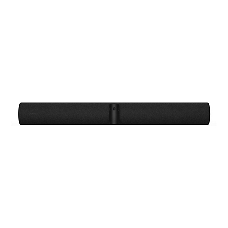 Schwarze Soundbar, vorne zylindrisch, zentraler Steg mit Knöpfen, Jabra Logo.