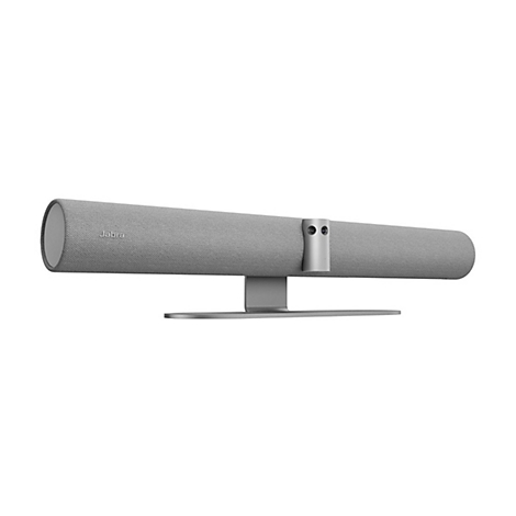 Graue Soundbar auf silbernem Ständer, Jabra-Logo. Sie hat runde Enden und einen zentralen Kamerabereich.