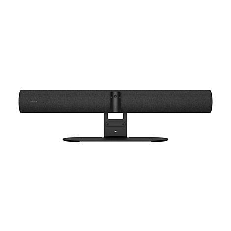 Schwarze Soundbar von Jabra mit Standfuß, zentral ausgerichtet, Detailaufnahme.