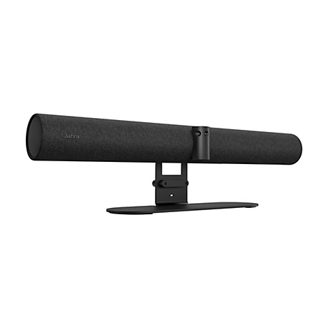 Schwarze Soundbar auf einem schwarzen Ständer, mit Jabra-Logo. Runde Enden, Stoffstruktur.