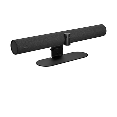 Schwarze Soundbar auf schwarzem Ständer. Auf der Soundbar steht „Jabra“.