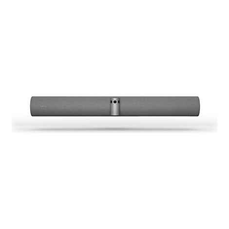 Graue Soundbar von Jabra auf weißem Hintergrund. In der Mitte ein silbernes Element mit Kamera.