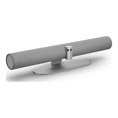 Graue Soundbar mit rundem Ende und Kamera. Der Name 'Jabra' ist zu sehen. Steht auf einem silbernen Ständer.