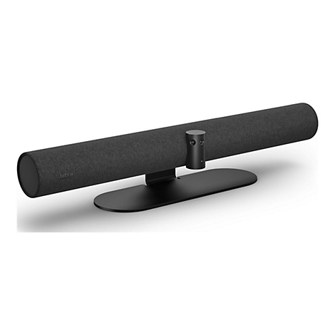 Schwarze Soundbar mit ovalem Fuß. Auf der Oberseite ein Stoffbezug mit Jabra-Schriftzug.